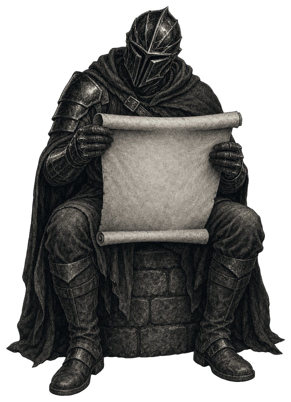 A knight studying an empty quest scroll