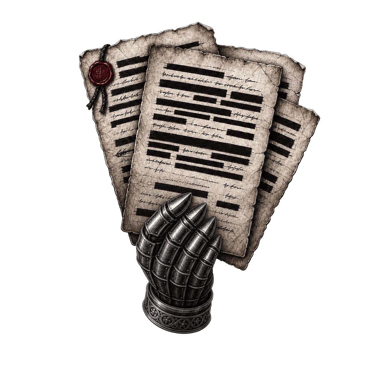 A blackened metal gauntlet holding redacted documents