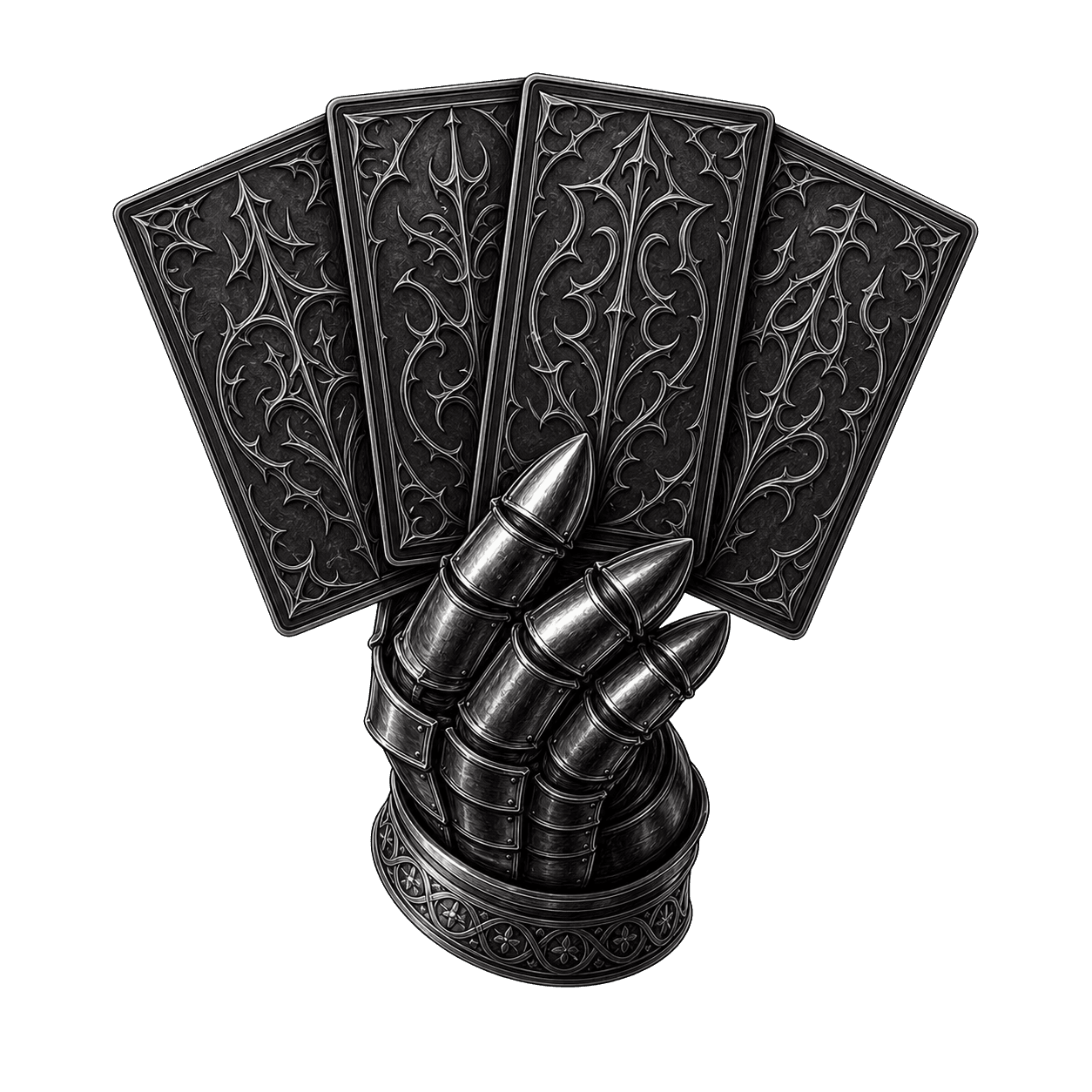 A blackened metal gauntlet holding four ornamental cards